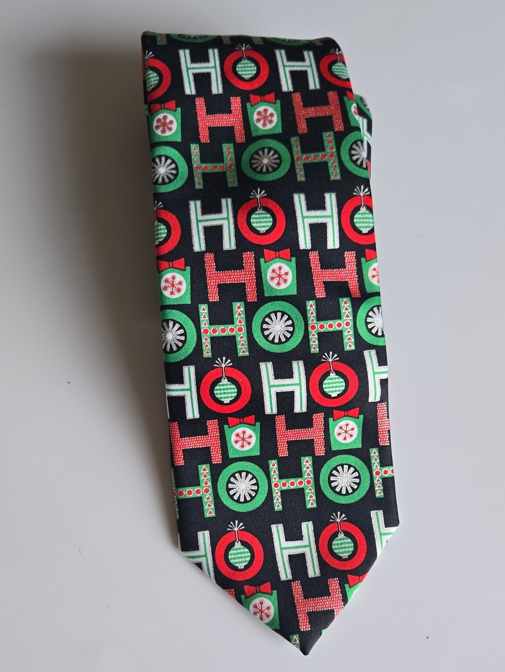 New Hallmark Black Necktie with Red and Green Holiday 'HO HO HO'